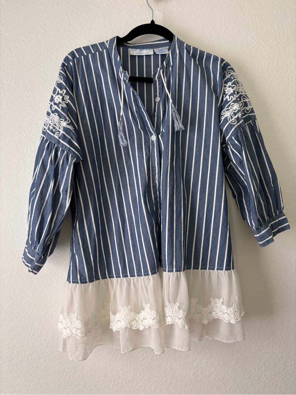 Blue & White Striped Embroidered Tunic with Lace Hem
